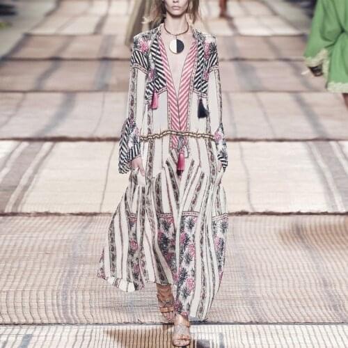 High Quality Women Maxi Dress Spring Vintage Floral Print Chiffon Long Sleeve Dresse Tassel Drawstring Waist Hippie chic Dresses