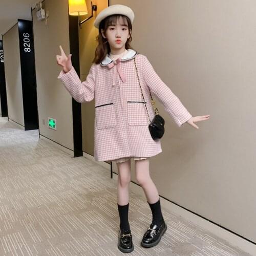 Winter Girls Woolen Jackets Kids Plaid Thicken Coats Children Autumn Clothes Warm Casual Kids Girls Outwear Long Jacket Parkas