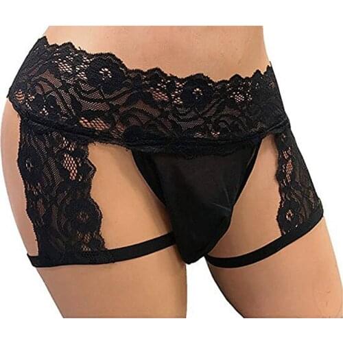 1PC Sexy Mens Frilly Underwear Sissy Maid Lace Enhance Pouch Bikini Panties Thong Hollow Design Mens Lace Three-point Panties