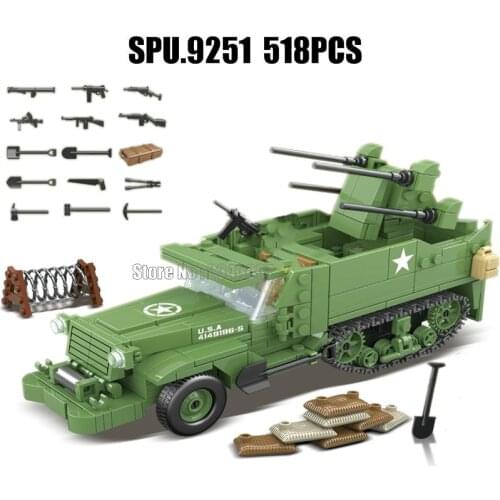 100104 518pcs Military Ww2 Us M16 Half Track Anti-aircraft Vehicle World War Ii Army Weapon 3 Building Blocks Toy