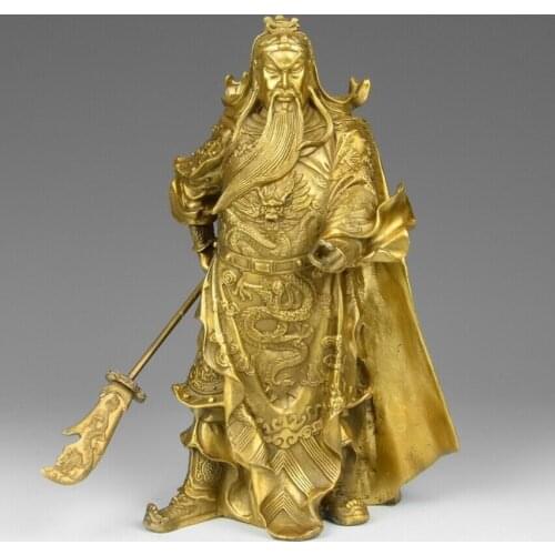 11 China Brass Copper 2 Finger Guan Gong Guan Yu Buddha Hold Dragon Sword Statue
