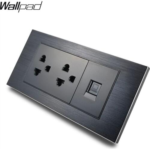 153*75mm 2 US Wall Socket with Data Jack Wallpad L3 Black Aluminum Panel Double US Power Outlet with Cat6 Computer Socket 9M
