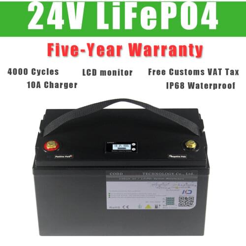 24V Deep Cycle LiFePO4 29.2V 100Ah Battery Pack WaterProof with 100A BMS for Ups Power Solar/RV/HomeStorage 10A Charger