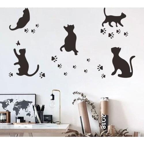 Black Five Cats Footprint Home Decor DIY Cute Wall Decoration Stickers Kitchen Cupboard Posters Living Room Vinyl Decorative Art