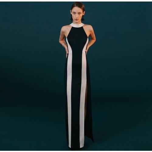 Graceful Women Off The Shoulder Bandage Dress Sleeveless Mesh Patchwork Thight Slit White Stripe Vestido Dress