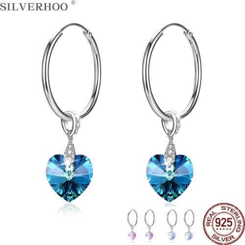 SILVERHOO 925 Sterling Silver Drop Earrings For Women Heart Shaped Austria Crystal Earrings Party Fine Jewelry Gift Trend 2020