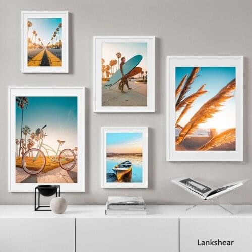 Sunset Surf Boy Bicycle Ferry Road Wall Art Canvas Painting Nordic Posters And Prints Landscape Wall Pictures For Living Room