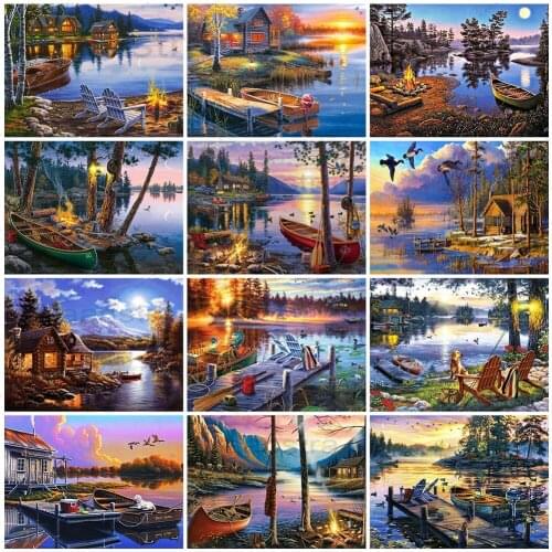 Beautiful Landscape Diamond Painting Lakeside Campfire Mosaic Sticker Diamond Embroidery Sunset Ship Home Decoration Wall Art