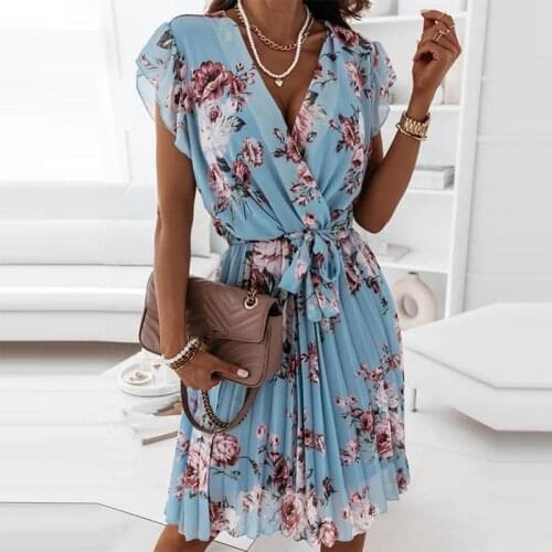Summer Women Dress Ruffled Short-Sleeved V-Neck Belt Knee-Length Dress Ladies Fashion Printed Chiffon Outdoor Seaside Dress