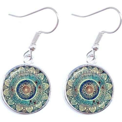 Mandala Picture Drop Earrings Henna Yoga Om Symbol Zen Buddhism 16mm Glass Cabochon Dome Jewellery For Women Girls Gift