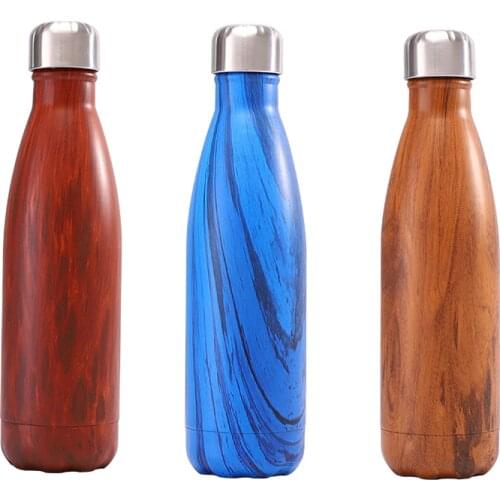 Wood Grain Stainless Steel Water Bottle With Straw 260ml/500ml Cola Bottle Shape for Drinks BPA Free Metal Mug