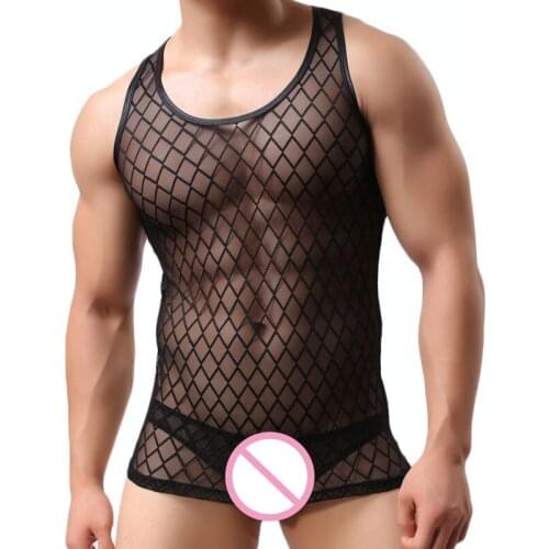 Fashion Sexy Undershirts Fishnet Men Singlet Plaid Transparent Mesh O Neck Mens Vest Gay Clothes T-shirt Club Wear Sleepwear