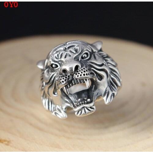 100%925 Sterling Silver Fashion Jewelry Personality Male Retro Thai Silver White Tiger Open Ring