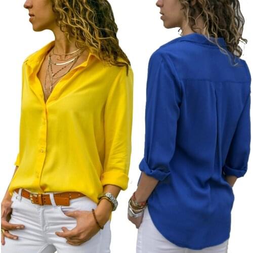 2021 Spring And Summer New WomenS Solid Color Deep V Button WomenS Long-Sleeved Shirt