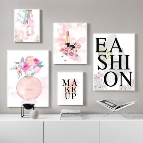 Perfume Fashion Poster Lipstick Makeup Brushes Print Canvas Art Painting Wall Picture Beauty Poster Girl Room Home Decoration