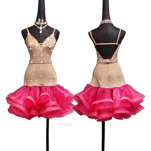 New Latin dress competition dress performance Dress Adult custom skin color pink hem flash diamond Dance Dress