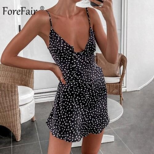 Forefair Vintage Boho Polka Dot Dress Off Shoulder V Neck Black Elegant Party Strappy Zipper Backless Sexy Women Mini Sundress
