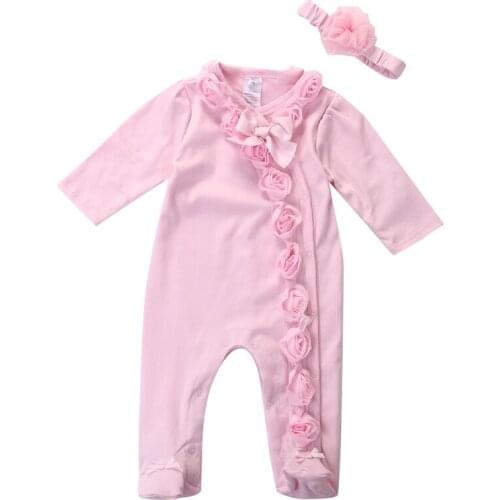 Long Sleeve Newborn Infant Baby Girls Clothes Romper Headband Clothes Outfits Set
