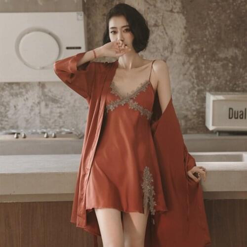 Silk Robe Sleep Suit Women Lace Satin Red Pajama Gown Set V-Neck Cami Nighties Wear Pijama Home Nightwear Spring Nightdress