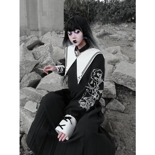 SweetCool Spring Autumn Harajuku Girls Black Gothic Uniform Sailor Print Skirt Punk Fashion Kawaii Long Skirts JK Uniform Suit