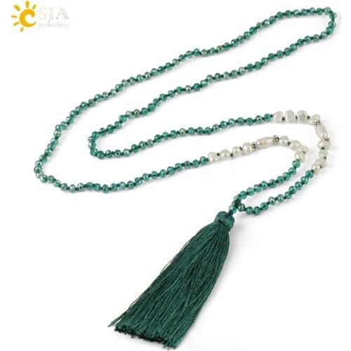 CSJA Tassel Pendant Necklaces Faceted Glass Crystal Beaded Necklace Freshwater Pearl Beads Fringed Charms Jewelry for Women S526
