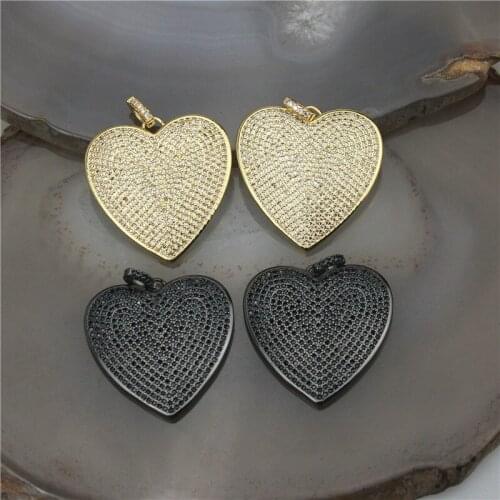 30mm 5pcs/lot Retro style big pendant,plated heart shape clear/black cz charm,necklace jewelry making component wholesale