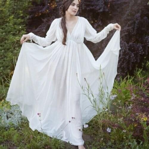 Kalenmos Medieval Solid Color Dress Womens Long Sleeve V-neck Palace Style Retro Lace Puff Sleeve High Waist Ladies Dress