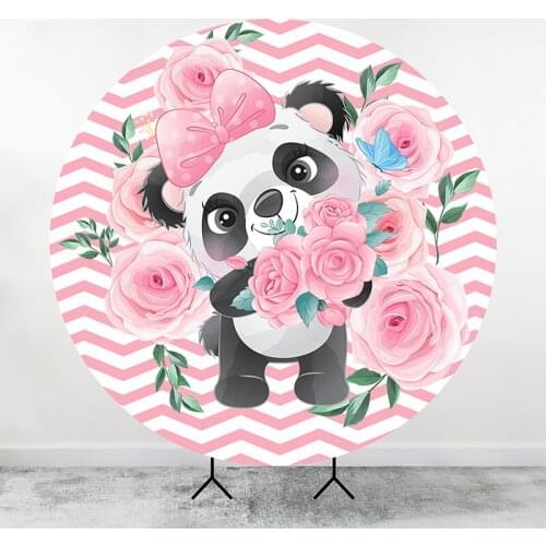 Circle Round backdrop Cover Custom Cartoon Cute Panda Baby Bus Background Pink Flower Photo Studio Banner