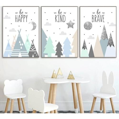 Abstract Sun Moon Star Wall Art Poster Be Happy Kind Brave Quotes Canvas Painting Pine Tree Art Print Nordic Baby Kid Room Decor