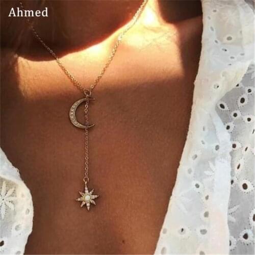 Ahmed Rhinestone Star Moon Choker Necklace for Women Gold Silver Chain Smalll Necklace Pendant Bohemian Chocker Necklace Jewelry