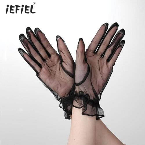 Womens Gloves Sexy See Through Tulle Mesh Mitten Erotic Cosplay Full Finger Lotus Leaf Mitt Femme Cocktail Party Etiquette Glove