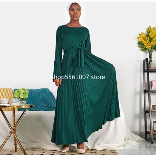 Pleated Maxi Dress Long Sleeve Round Neck Summer Solid Color Long Dress Abaya Women Muslim Islam Eid Modest Robe Hijab Dress