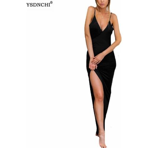 YSNDCHI Women Skinny Mini Pencil Dress Summer Side Split Night Clubwear Ladies Party Slim Sleeveless Deep V Neck Long Vestidos