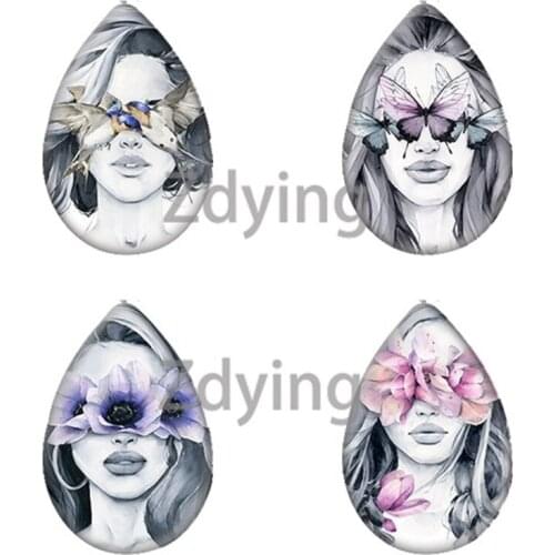 Zdying 10pcs Punk Flower Butterfly Girl Woman Water Tear Drop Shape Glass Cabochon Photo For Base Tray DIY Jewelry Findings