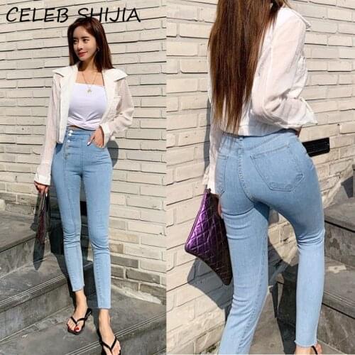 High Waist Jeans Women Bubble Butt Spring Autumn Stretch Denim Pants Blue Washed Slim Skinny Female Trousers Single-breasted