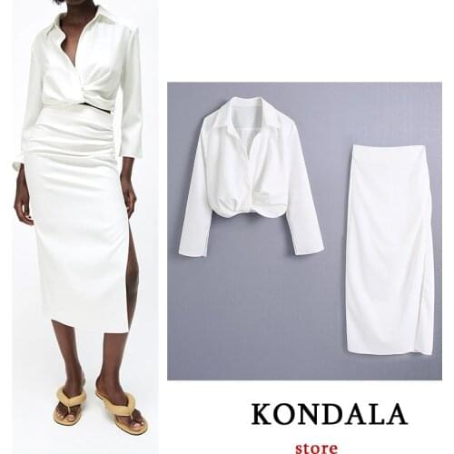 KONDALA Women White Shirt Za Suits V Neck Blouse Solid Oversized Short Blazer High Waist Straight Skirt Soft 2 Pieces Suits