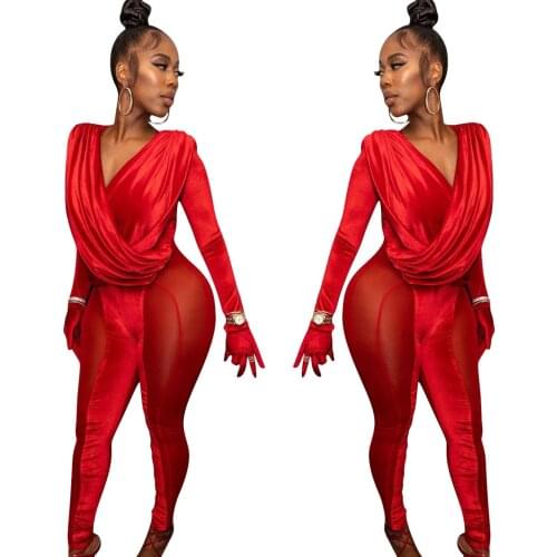 Autumn New Velvet Splicing Mesh Temperament Slim Fit Jumpsuit Red V Neck Long Sleeve Overalls For Women Rompers