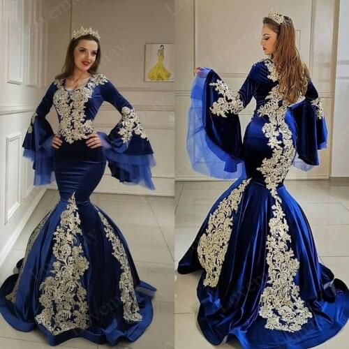 Royal Blue Velvet Caftan Evening Dresses 2021 Long Sleeves Appliques Evening Gowns Arabic Elegant вечернее платье Prom Gowns