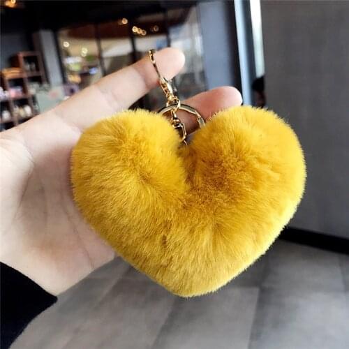 13CM Cute Fluffy Heart Keychains Womens Pom Poms Faux Rex Rabbit Fur Key Chains Girl Bag Hang Car Key Ring Jewelry Accessories