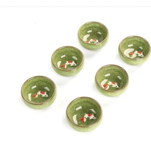 6pcs Ceramic 3D Golden Fish China tea cup set,Kung Fu Tea Set Crackle Glaze Travel Tea Bowl Chinese Porcelain Teacup Sets