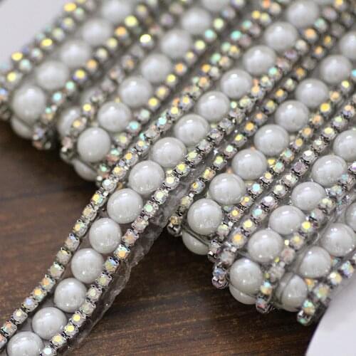 90cm Crystal AB + white pearl Rhinestone Cup chain with Glue on the back hot fix rhinestone trim DIY Wedding stage dress