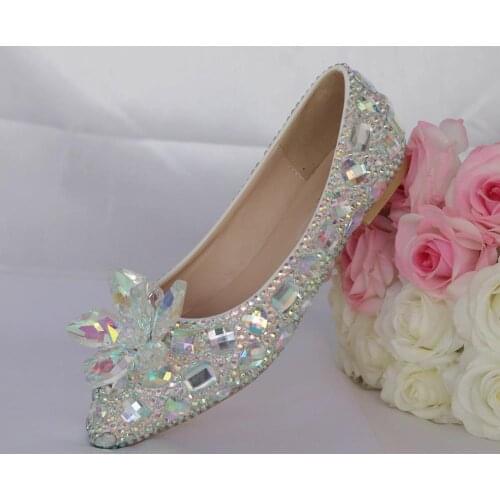 BaoYaFang 2020 New Arrive Silver AB Crystal Wedding Flat Pointed Toe Ladies Party Dress Shoes Woman performance Big Size Flat