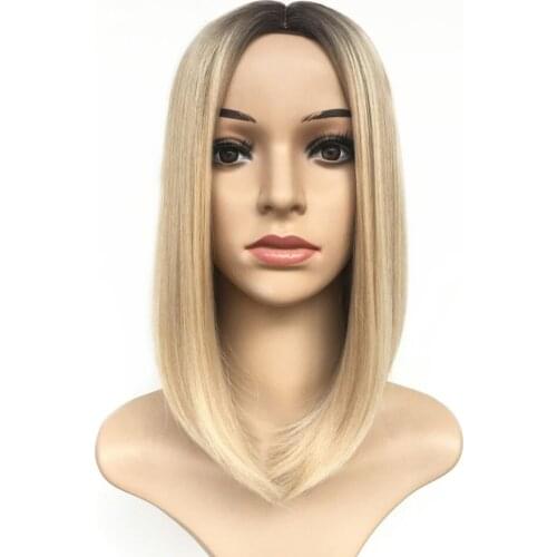 Brown Blonde Color Blend Straight Hair Synthetic The Middle Part is Separated Ombre Bob Wigs Hair Heat Resistant