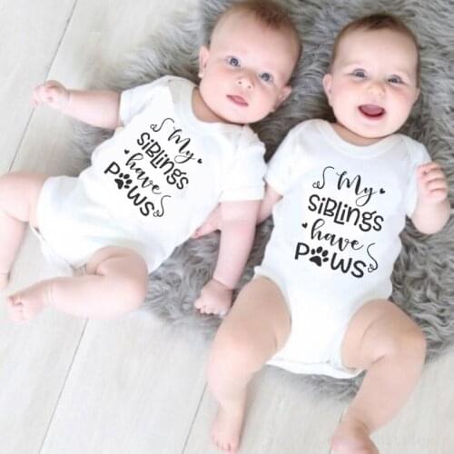 My Siblings Have Paws Funny Newborn Baby Romper Infant Boys Girls Twins Cute Letters Printed Sibling Matching Jumpsuit Clothes
