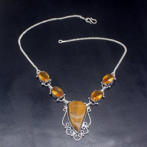 Gemstonefactory Jewelry Big Promotion Unique 925 Silver Gold Tigers Eye Honey Topaz Women Chain Necklace 36cm 202101476