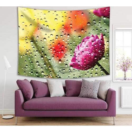 Tapestry Colorful Tulips Flowers Garden View from the Window Glass Covered by Water Drops Photo Printed Yellow Red Purple