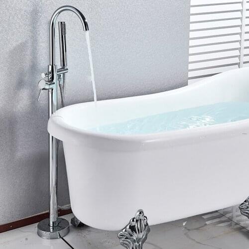 Chrome Bathtub Faucet Standing Bathroom Bath Tub Mixer Tap Single Handle With Handshower Brushed Nickel Floor Mount Bath Shower