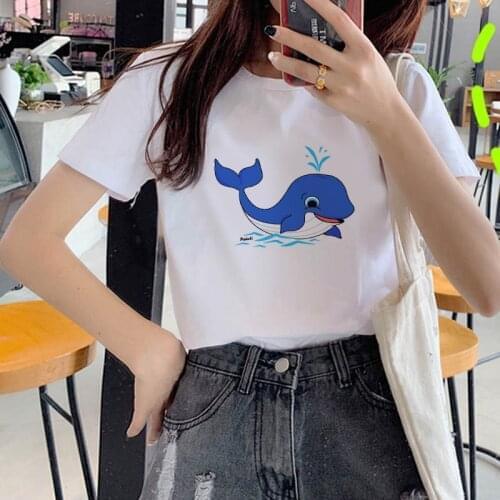 Summer Fashion Shirt Whale cartoon Graphic T Shirt Kawaii Women Tops Base O-neck White Tees 90s Fashion Top Tees Female