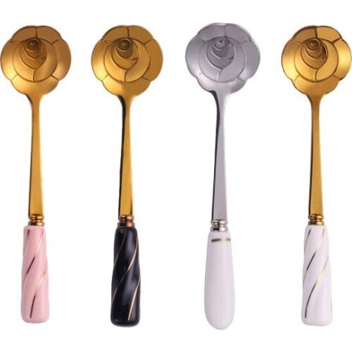 Ceramic Handle Spoon Tableware Sakura Flower Gold Long Handle Dessert Coffee Milk Spoon Kitchen Stainless Steel Spoon Tableware