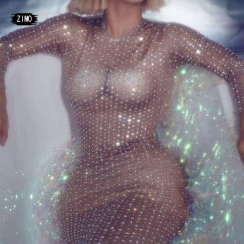 Sparkly long dress rhinestones pearl party sexy See through birthday outfits for women nightclub stage costumes singer wedding